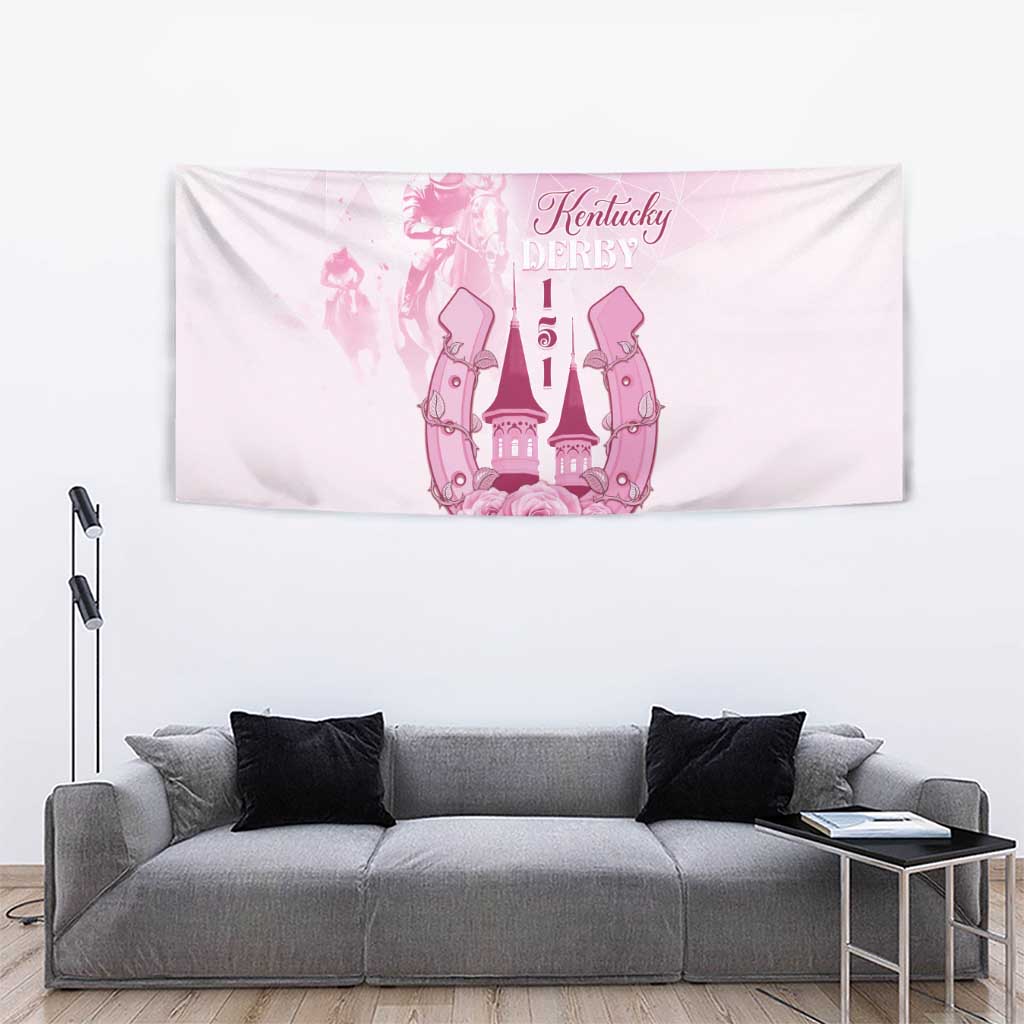 Pink Kentucky Derby 151 tapestry featuring horseshoe with rose design and diamond pattern strip