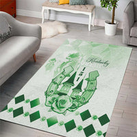 Green and white area rug featuring 'Kentucky' text, horse-racing illustration, wide view
