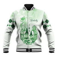 Green baseball varsity jacket with striped collar, buttons, and Kentucky Derby graphic