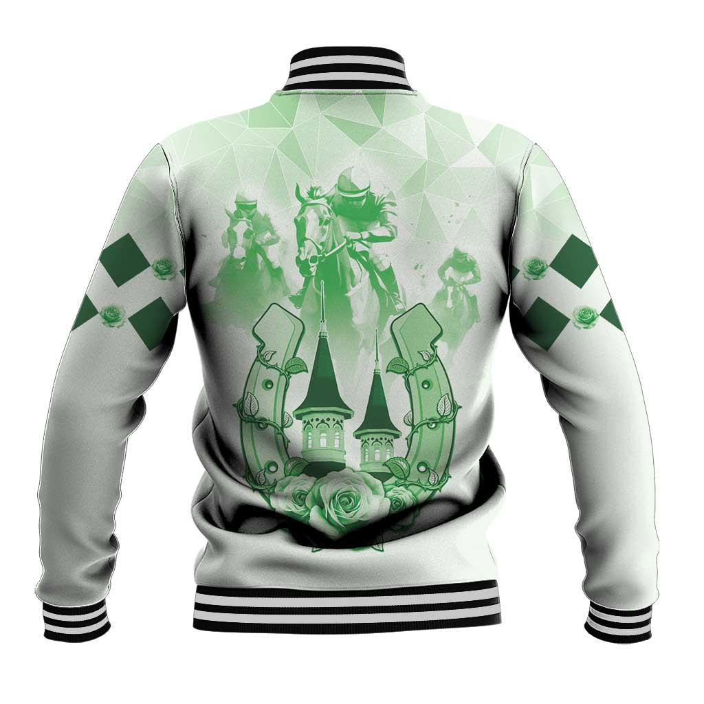 Back view green varsity jacket with striped hem, ribbed cuffs, and derby horse graphic