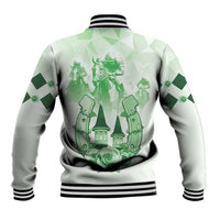 Back view green varsity jacket with striped hem, ribbed cuffs, and derby horse graphic