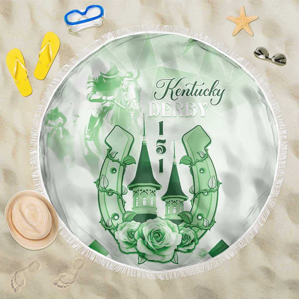 Circular green Kentucky Derby beach blanket with tassel fringe on light fabric