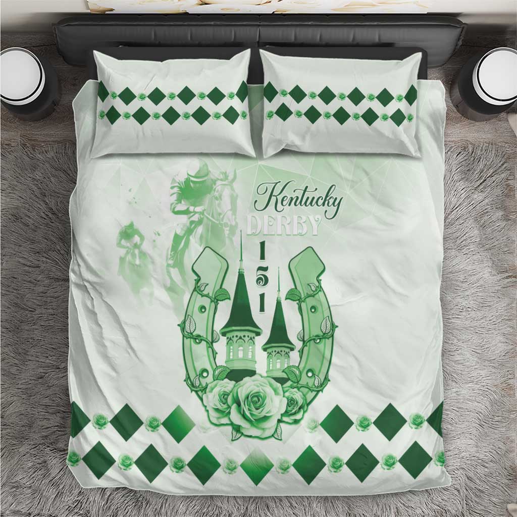 Green and white bedding set with Kentucky Derby graphic on duvet and matching diamond pillowcases