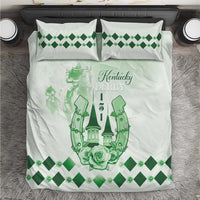 Green and white bedding set with Kentucky Derby graphic on duvet and matching diamond pillowcases
