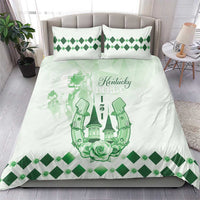 Green and white bedding set with Kentucky Derby center graphic and diamond border duvet