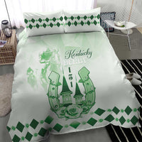 Green and white bedding set: Kentucky Derby duvet and two diamond-pattern pillowcases