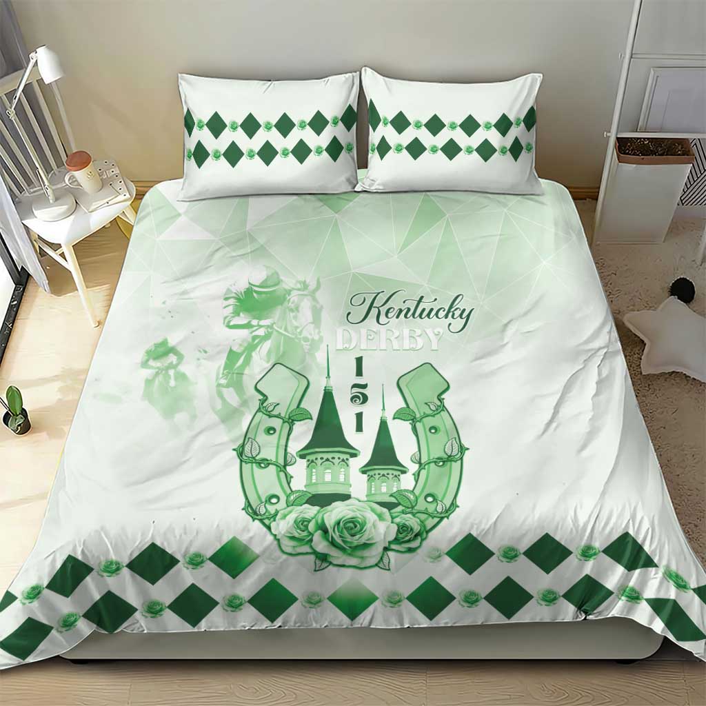 Green and white bedding set: Kentucky Derby graphic on duvet with diamond trim pillowcases