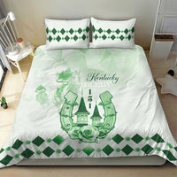 Green and white bedding set: Kentucky Derby graphic on duvet with diamond trim pillowcases