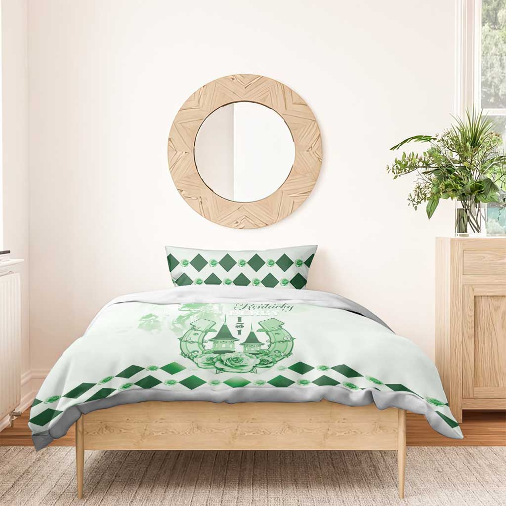 Green and white bedding set with Kentucky Derby emblem, diamond trim duvet and pillowcases