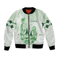 Unisex bomber jacket with green horse-racing graphic, front zipper, black ribbed cuffs