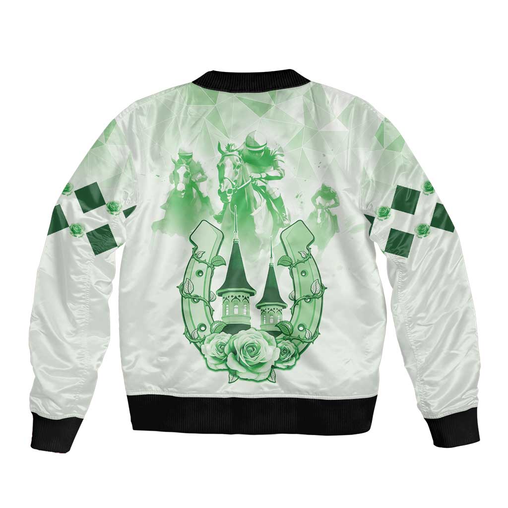 Unisex bomber jacket back view with large green emblem graphic, black rib hem and cuffs
