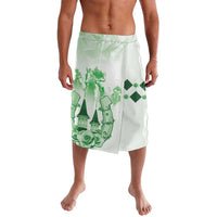 Green graphic lavalava wrap skirt with elastic waistband, front view, white base; jockey and rose