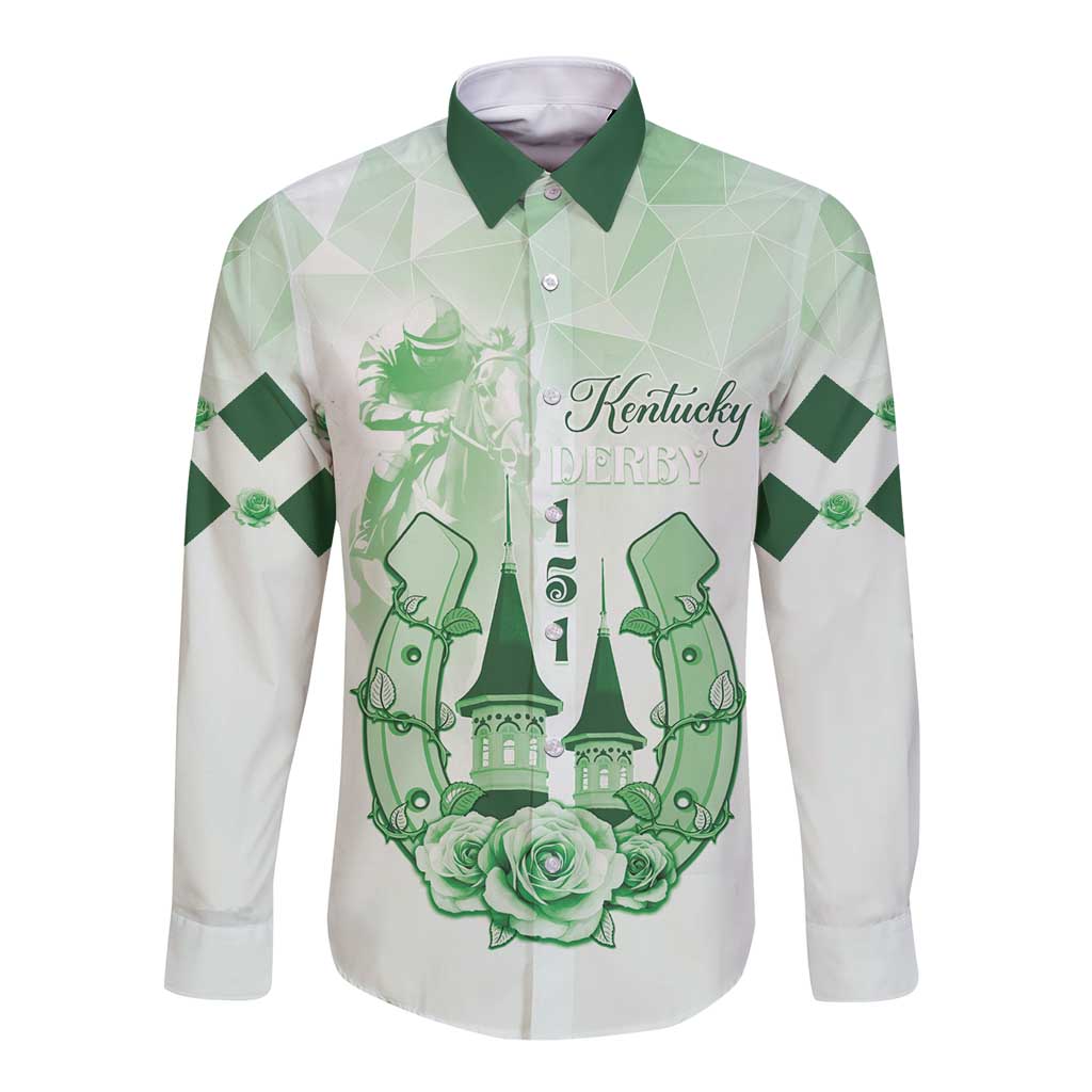 Unisex long-sleeve button shirt, green collar, Kentucky Derby crest front print