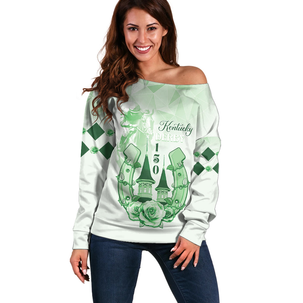 Kentucky Horse Racing Off Shoulder Sweater 150th Anniversary Green Version LT05 - Wonder Print Shop