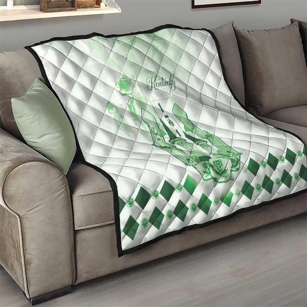 White quilt with green Kentucky horse crest, diamond quilting, and green check border