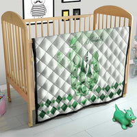 White quilt with green Kentucky horse crest, diamond quilting, and green check trim