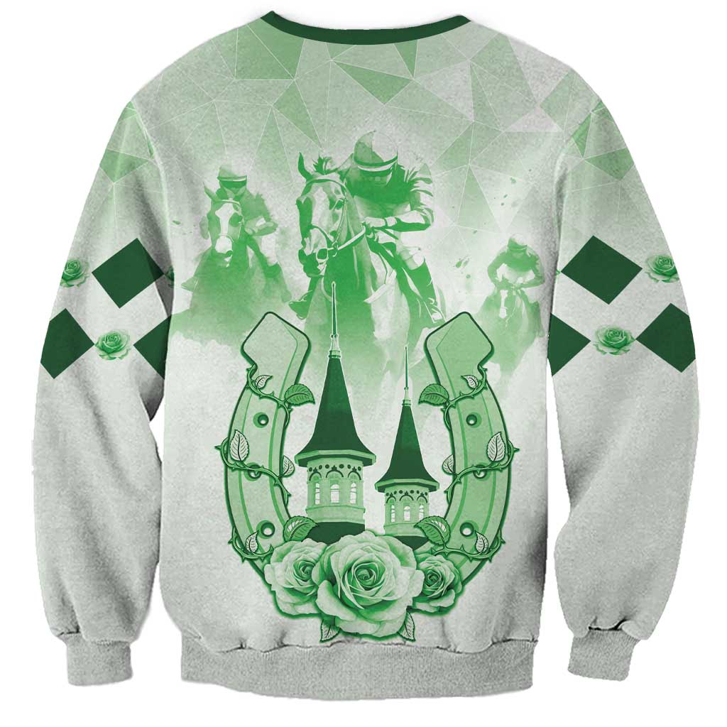 Unisex green graphic sweatshirt with horse rider, cathedral, roses, and geometric pattern