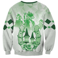 Unisex green graphic sweatshirt with horse rider, cathedral, roses, and geometric pattern