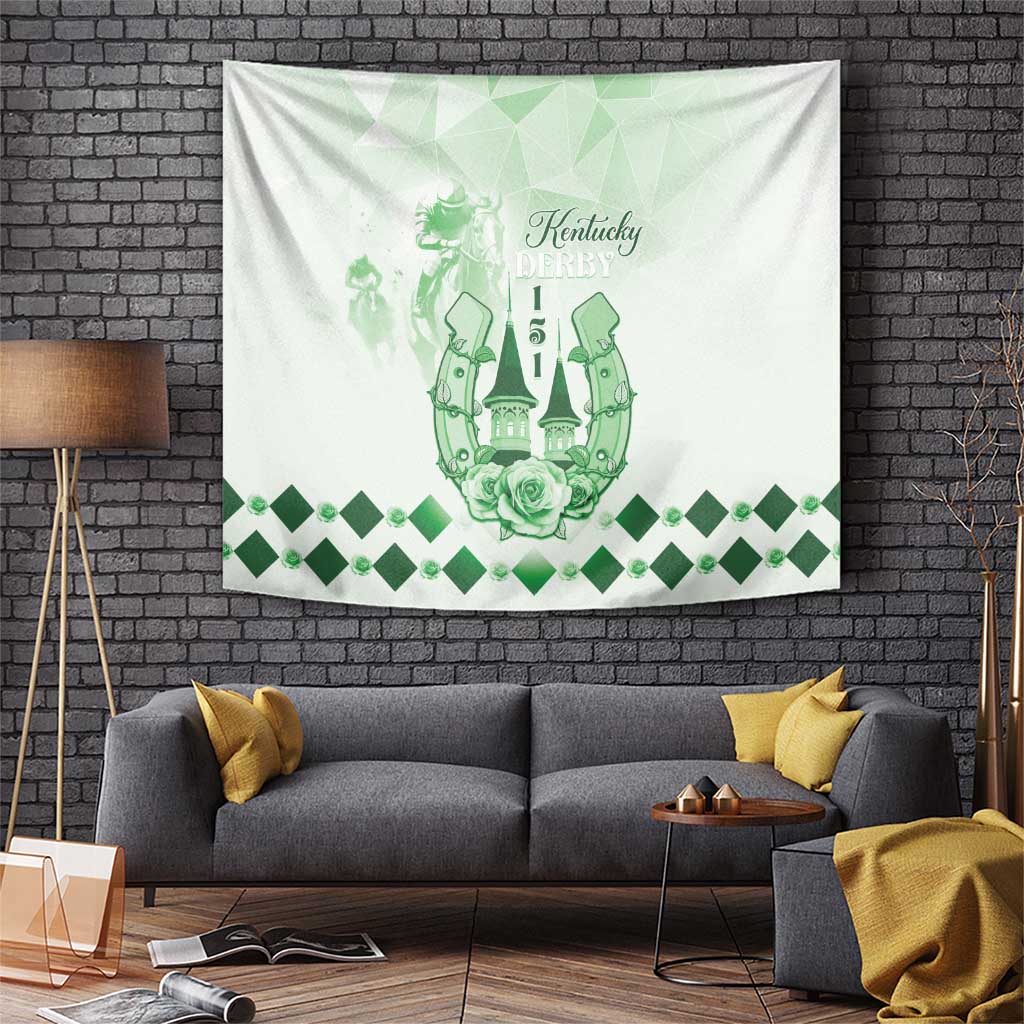 Green wall tapestry with Kentucky Derby crest, horse figures, rose, and diamond border