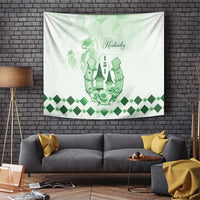 Green wall tapestry with Kentucky Derby crest, horse figures, rose, and diamond border
