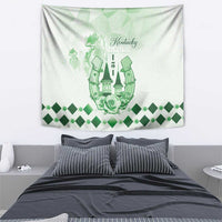 Green Kentucky Derby tapestry featuring rose wreath, horse silhouettes, and diamond trim