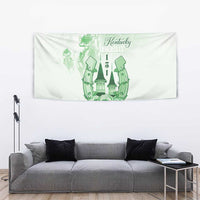 Green wall tapestry with Kentucky Derby text above horse-and-rose graphic with diamond border