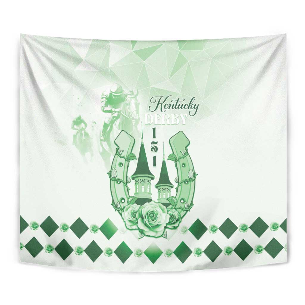 Green Kentucky Derby tapestry with central crest, rose, and repeating diamond pattern border