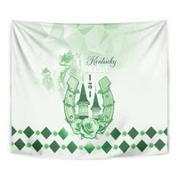Green Kentucky Derby tapestry with central crest, rose, and repeating diamond pattern border