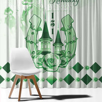 Close-up green and white curtain fabric with Kentucky Derby horse artwork and diamond print.
