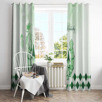 Green patterned window curtain panels with horse graphic and diamond hem, hung over radiator.