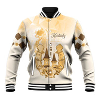 Beige unisex baseball jacket with front "Kentucky Derby" graphic, snap buttons, striped trim