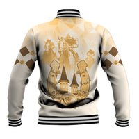 Beige unisex baseball jacket with gold graphic on back and striped ribbed collar