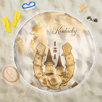Round beige beach blanket with white border fringe and gold Kentucky Derby graphic