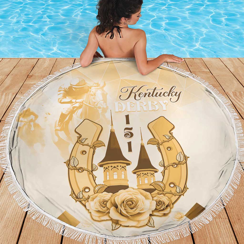 Round beach blanket, beige with gold Kentucky Derby emblem and white edge fringe