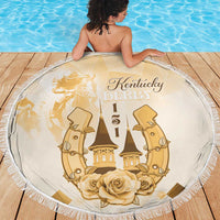 Round beach blanket, beige with gold Kentucky Derby emblem and white edge fringe