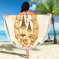 Round beige blanket with white fringe edge and gold Kentucky Derby themed illustration