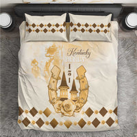 Beige bedding set featuring gold Kentucky racing crest, rose center and diamond border