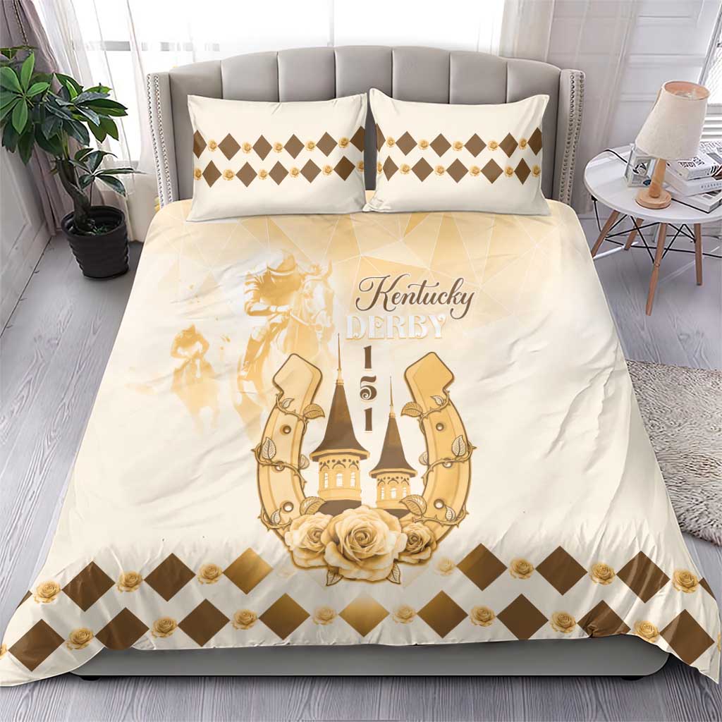 Beige quilt bedding set with gold Kentucky racing emblem, rose and diamond pattern on pillows