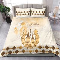Beige quilt bedding set with gold Kentucky racing emblem, rose and diamond pattern on pillows