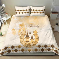 Beige bedding set with gold Kentucky racing emblem, rose and diamond trim on quilt