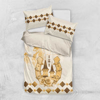 Beige bedding set with gold horse-racing graphic and rose, two matching pillow covers