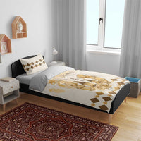 Beige quilt bedding set with gold horse-racing emblem and diamond accents on bed
