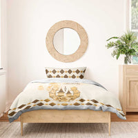 Beige bedding set with gold horse-racing emblem and rose, quilt with matching pillowcases