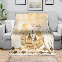 Beige blanket with gold Kentucky Derby emblem, rose wreath, and checkered diamond border
