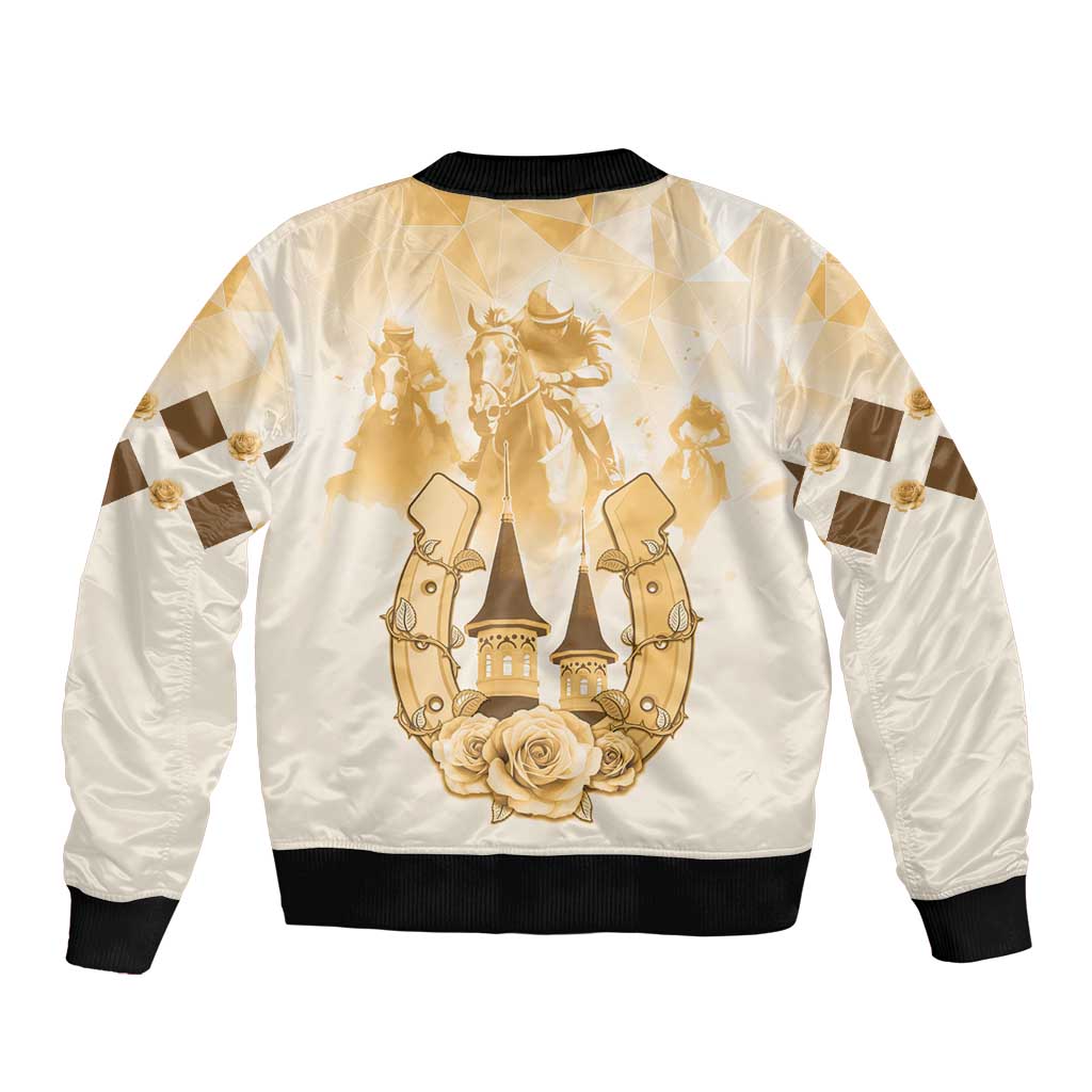 Beige unisex bomber jacket back with large gold horse racing graphic, black ribbed hem