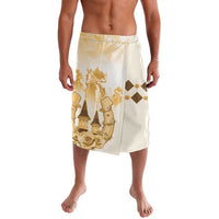Lavalava wrap skirt in cream with gold horse and rose graphic, short front panel