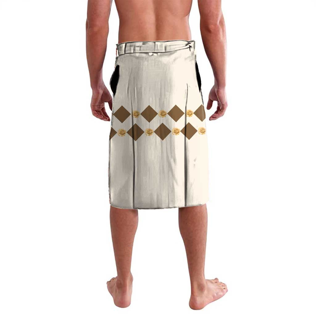 Cream lavalava wrap skirt with gold horse and diamond pattern, front view