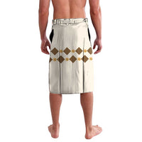 Cream lavalava wrap skirt with gold horse and diamond pattern, front view