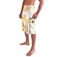Cream lavalava wrap skirt with gold horse and rose graphic, side view