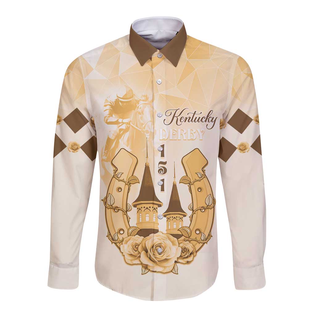 Beige long-sleeve button shirt with horse racing crest graphic and pointed collar